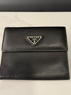 Prada Black Saffiano Leather Triangular Logo Compact Wallet